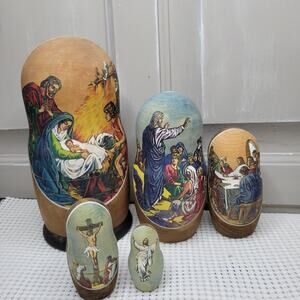 Matryoshka Nesting Dolls 5 Set Life of Jesus Christ Nativity Russian 7" SIGNED